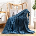 thumbnail image 1 of TAOTAO Cozy Plush Fleece Throw 51x63 Inch, Navy Pompom Fringe Blanket for Couch Bed, 1 of 10