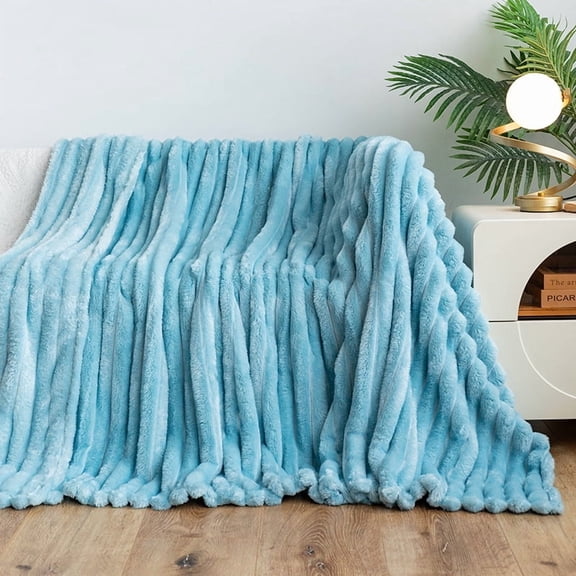 Flannel Fleece Blanket 71x80 Inch, Plush Bunny Soft Throw for Couch & Nap with Pompom Fringe