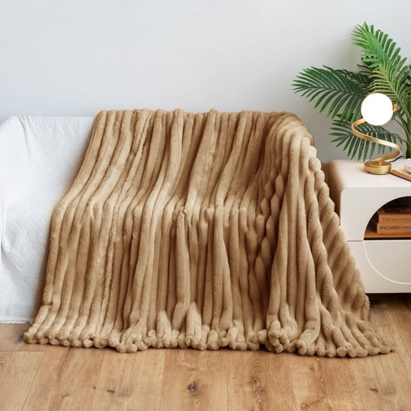 Flannel Fleece Blanket 80x90 Inch, Plush Bunny Soft Throw for Couch & Nap with Pompom Fringe