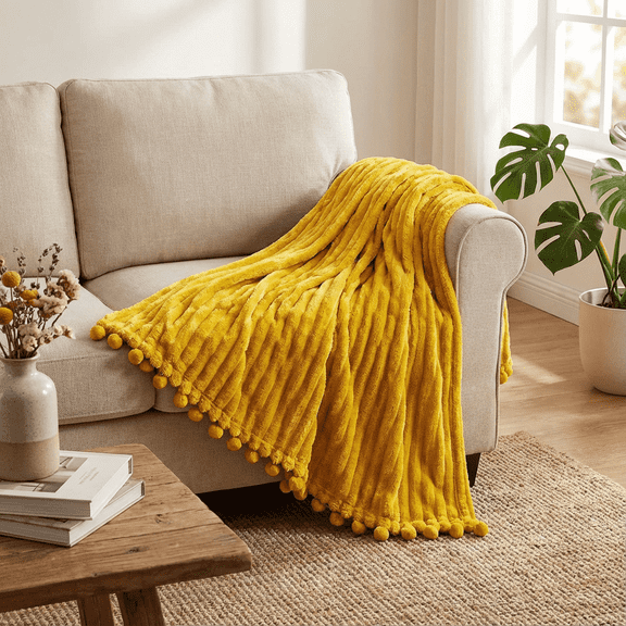 Flannel Fleece Throw Blanket for Adult, 39x59 inches, Yellow Cozy Warm Plush with Pompom Fringe for Couch Sofa