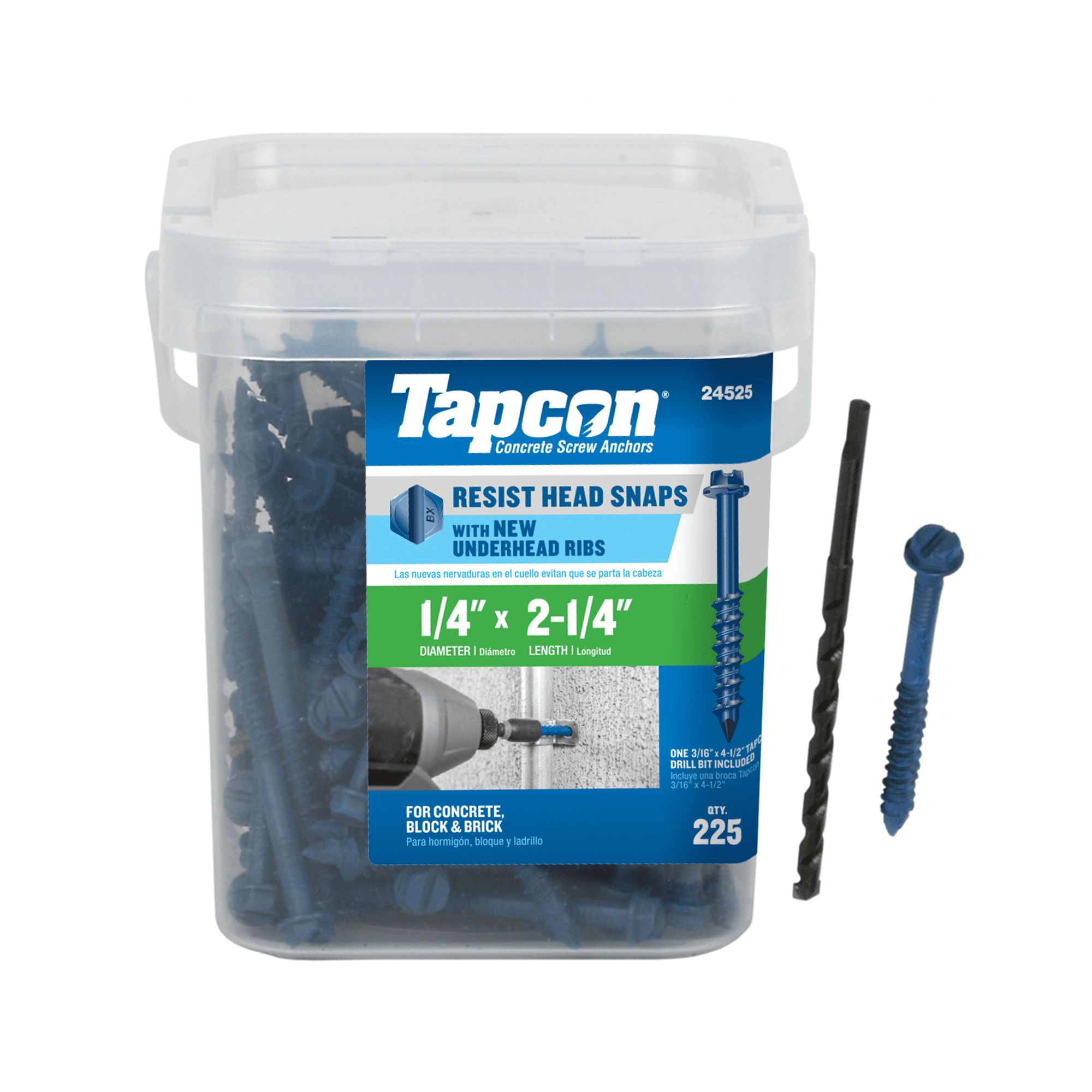 Tapcon 1/4 x 2-1/4 Inch Blue Hex Head Concrete Anchors, 225 PCS