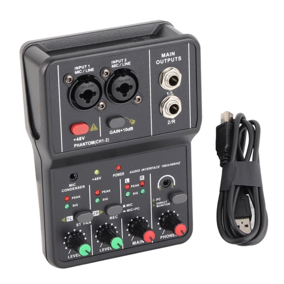 TAPDRA 2 Channel USB Audio Mixer Sound Console 16 Bit 48kHz with 48V Phantom Power for Recording and Karaoke
