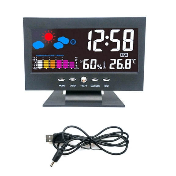 TAPDRA Color LCD Alarm Clock for Bedroom Multifunction Time Date Day Temperature Humidity Weather USB Power
