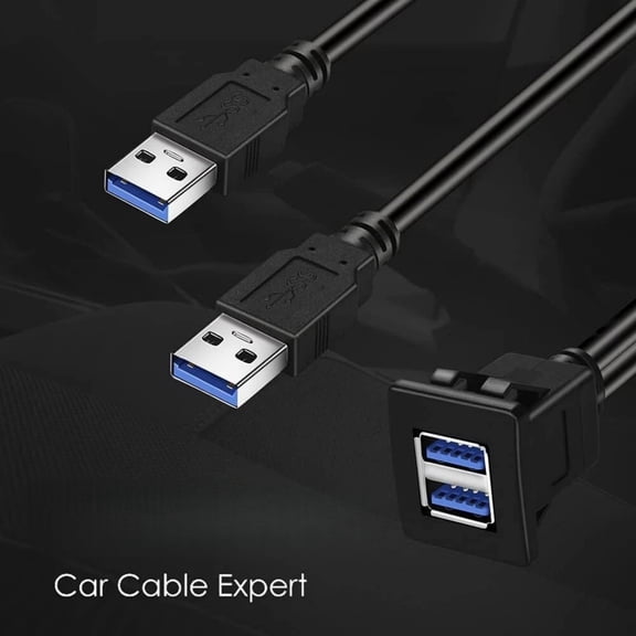 TAPDRA Square Dual Port USB 3.0 Cable For Car Boat Motorcycle 3ft ABS Flush Mount Male To Female Data Transfer Cord Black