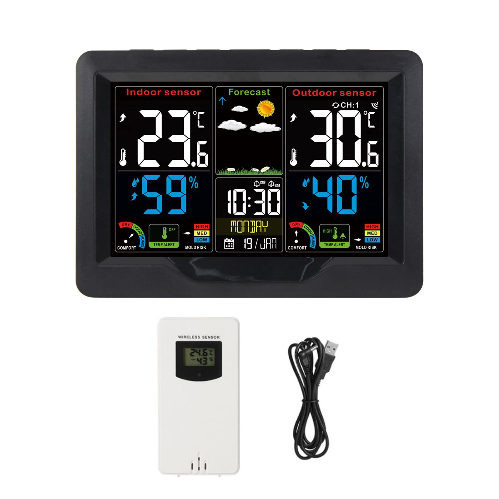 TAPDRA Wireless Weather Clock Station Indoor Outdoor Thermometer Hygrometer Dual Alarm 6” LCD Weather Forecast RF
