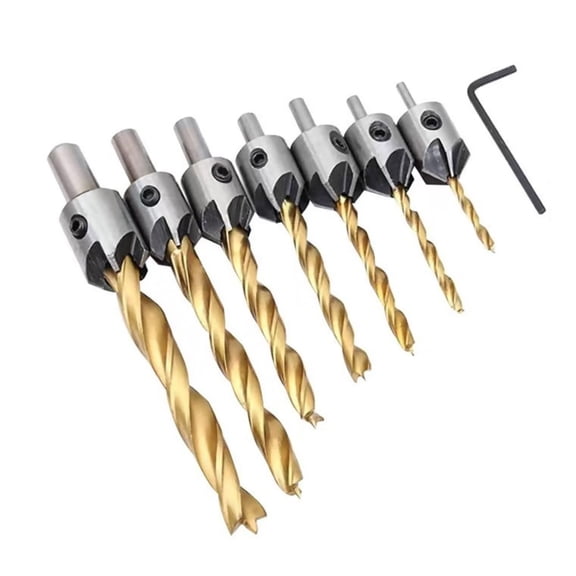 TAPDRA Woodworking Drill Bits 7Pcs 3-10mm Titanium Plated Steel Round Handle Multi Device Compatible Accurate Stable Drilling with Hex Key