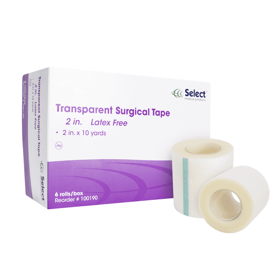 Transparent Medical Tape, 2" x 10 Yards, Hypoallergenic, Latex Free, & Breathable Surgical Tape for Wound Dressing Care & First Aid, Clear & Porous Plastic, 6 Rolls/Box