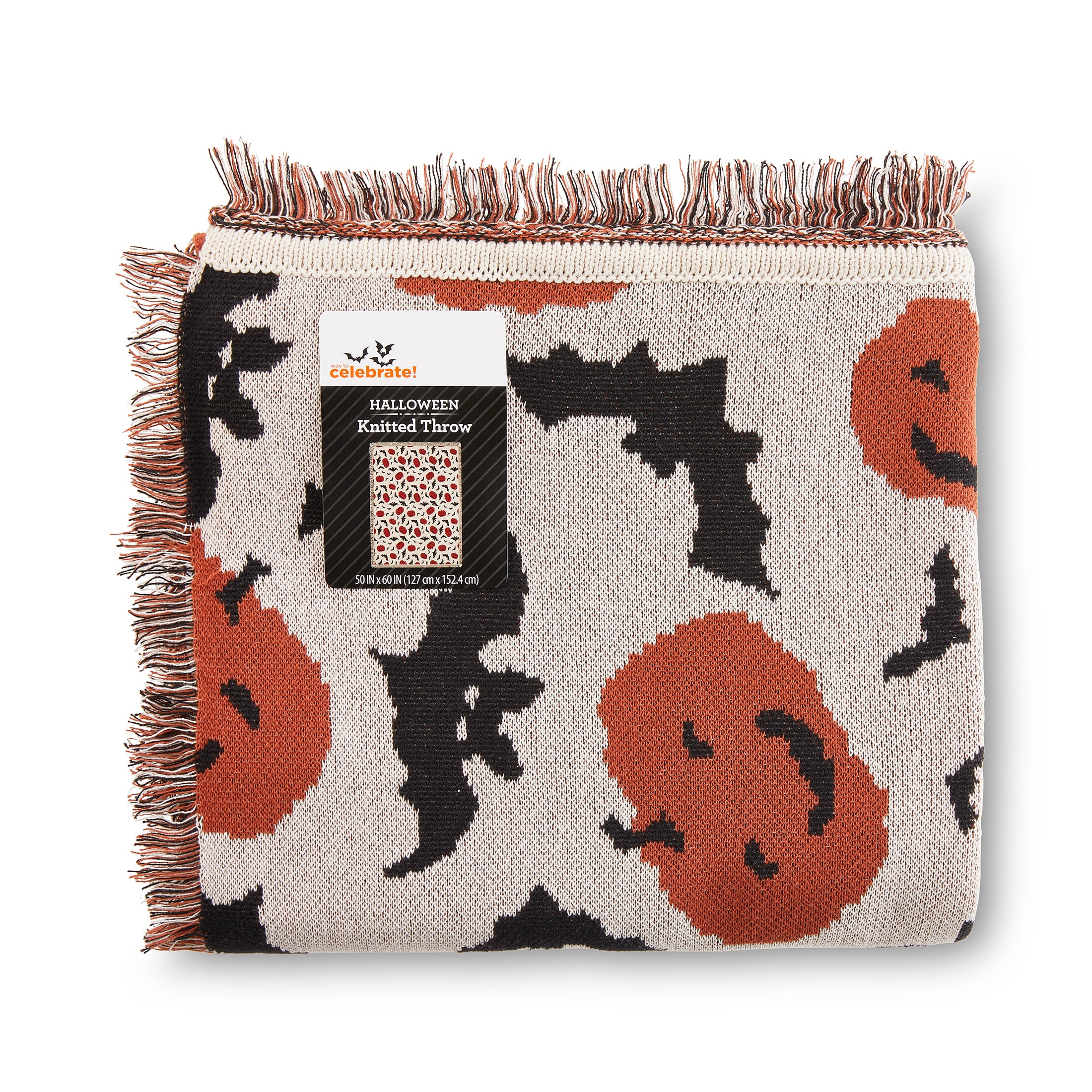 Way To Celebrate Halloween Pumpkins & Bats Jacquard Knitted Tapestry Throw, 50 in x 60 in