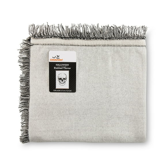 Way to Celebrate Halloween Soft Touch Black & White Skull Jacquard Knitted Tapestry Throw
