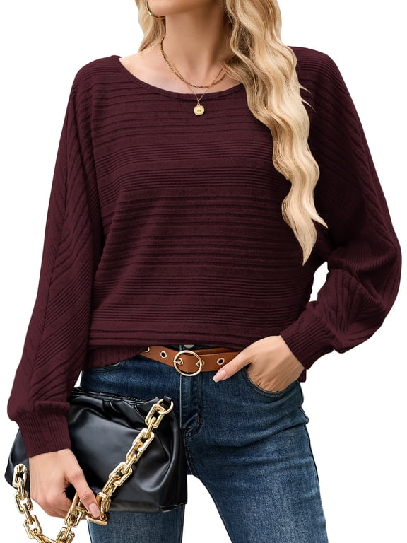Women Long Sleeve Shirt Casual Off Shoulder Ribbed Tops Loose-Fit Pullover Oversized Fall Winter Batwing Tops,Sizes S-3XL