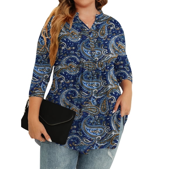 TARAINYA Women Plus Size Tops 3/4 Sleeve Henley V Neck Button Up Flowy T Shirts Tunic Loose Blouses