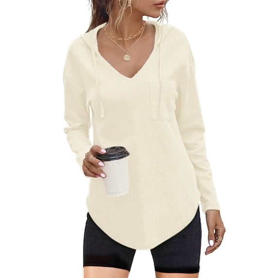 TARAINYA Women's Long Sleeve V Neck Waffle Weave Drawstring Hoodie Pullover