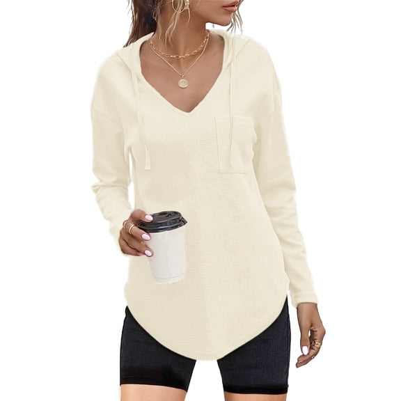 TARAINYA Women's Long Sleeve V Neck Waffle Weave Drawstring Hoodie Pullover