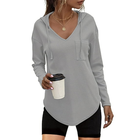 TARAINYA Women's Long Sleeve V Neck Waffle Weave Drawstring Hoodie Pullover