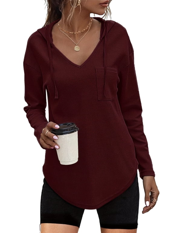 Women's Long Sleeve V Neck Waffle Weave Drawstring Hoodie Pullover