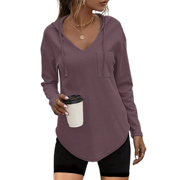 TARAINYA Women's Long Sleeve V Neck Waffle Weave Drawstring Hoodie Pullover
