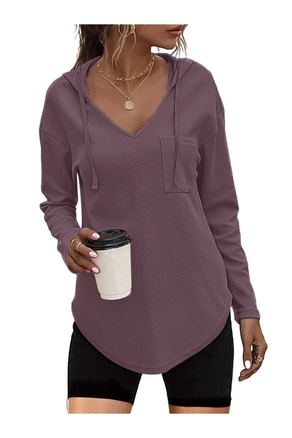 Women's Long Sleeve V Neck Waffle Weave Drawstring Hoodie Pullover