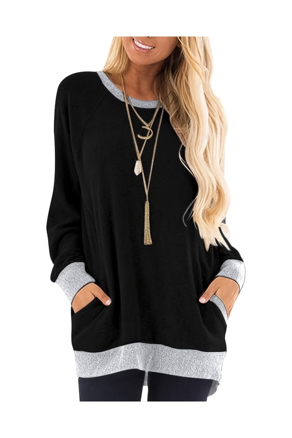 Women's Daily Wear Long Sleeve Sweatshirt Casual Loose Round Neck Pullover with Pockets