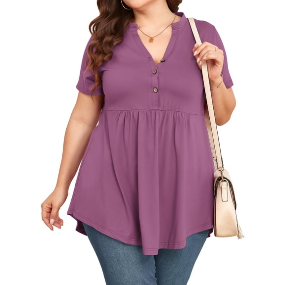 TARAINYA Women Plus Size Flutter Short Sleeve Henley Neck Top Loose Casual