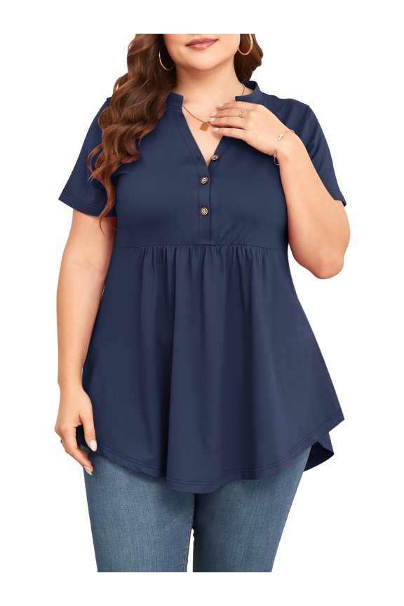 Women Plus Size Flutter Short Sleeve Henley Neck Top Loose Casual