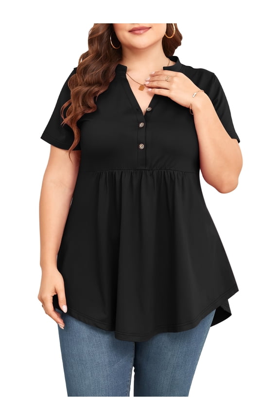 Women Plus Size Flutter Short Sleeve Henley Neck Top Loose Casual