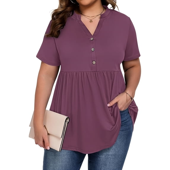 TARAINYA Plus Size Blouses for Women Button Short Sleeve Shirts Casual V Neck Tunic Tops