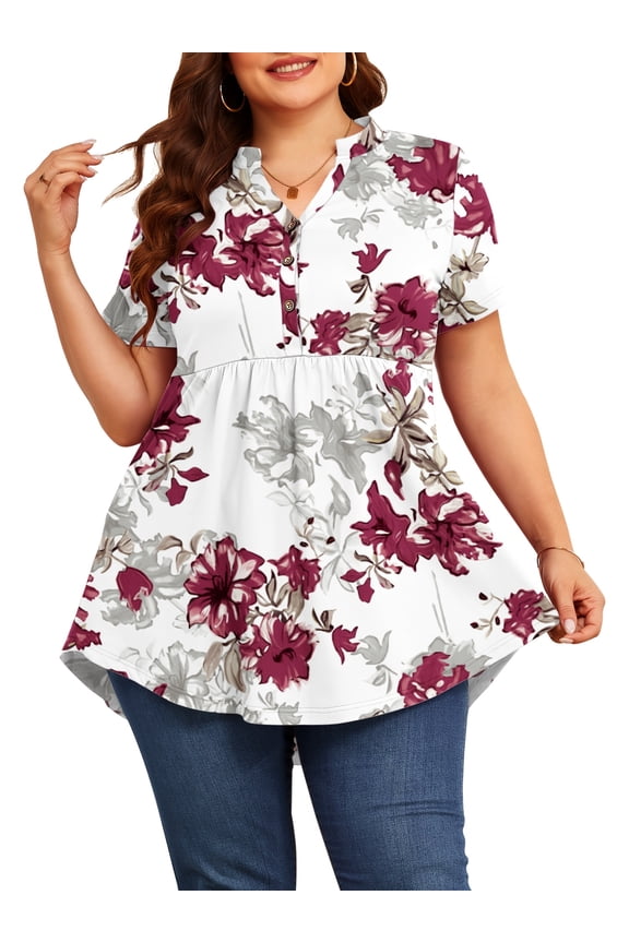 Women Plus Size Tops Short Sleeve Henley V Neck Button Up Flowy T Shirts Tunic Loose Blouses