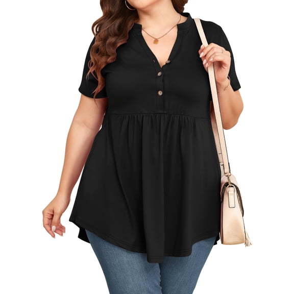 TARAINYA Women Plus Size Flutter Short Sleeve Henley Neck Top Loose Casual