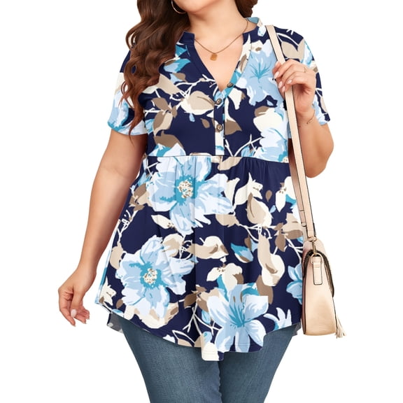TARAINYA Women Plus Size Flutter Short Sleeve Henley Neck Top Loose Casual