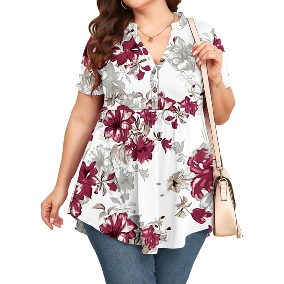 TARAINYA Women Plus Size Flutter Short Sleeve Henley Neck Top Loose Casual