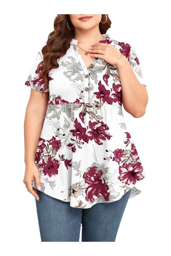 Women Plus Size Flutter Short Sleeve Henley Neck Top Loose Casual