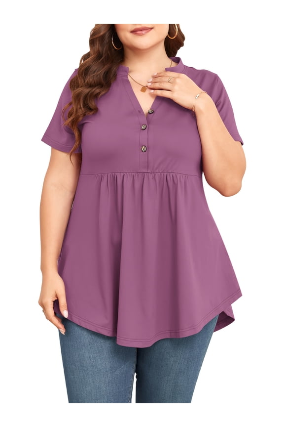 Women Plus Size Flutter Short Sleeve Henley Neck Top Loose Casual