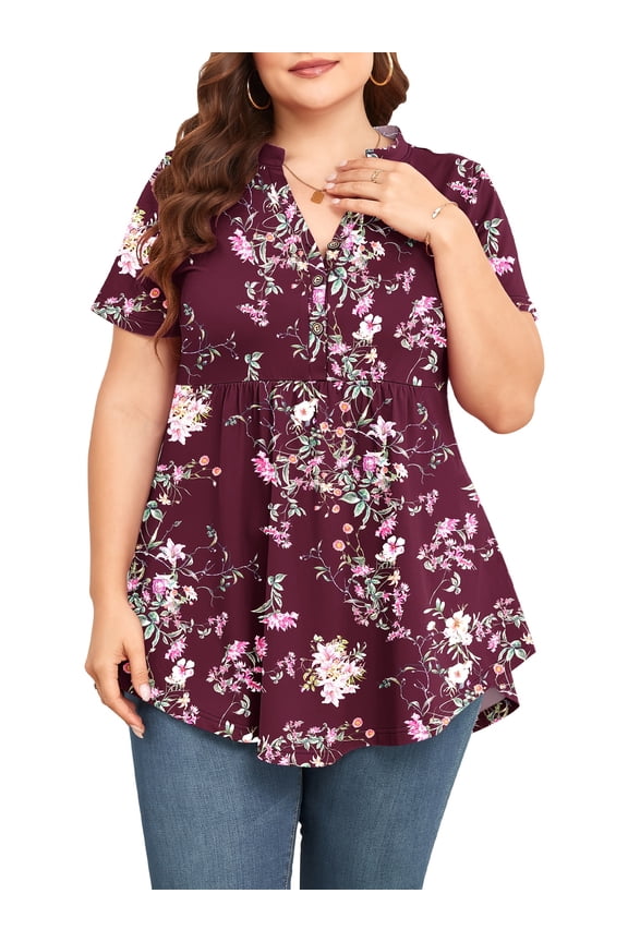 Women Plus Size Flutter Short Sleeve Henley Neck Top Loose Casual