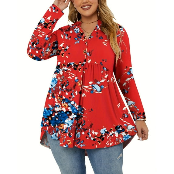TARAINYA Women's Plus Size Tops Long Sleeve Henley V Neck Button Up Flowy T Shirts Tunic Loose Blouses