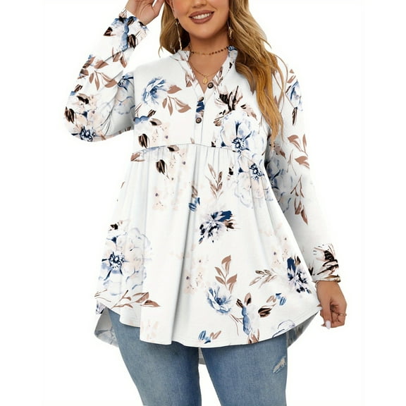 TARAINYA Women's Plus Size Tops Long Sleeve Henley V Neck Button Up Flowy T Shirts Tunic Loose Blouses