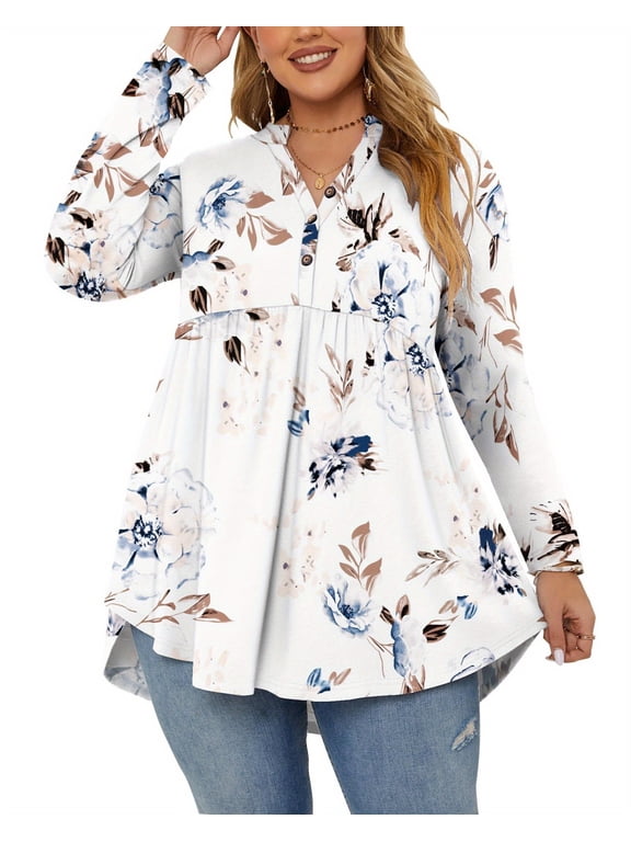 Women's Plus Size Tops Long Sleeve Henley V Neck Button Up Flowy T Shirts Tunic Loose Blouses