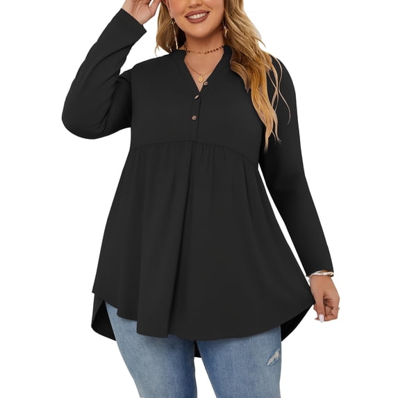 TARAINYA Women's Plus Size Tops Long Sleeve Henley V Neck Button Up Flowy T Shirts Tunic Loose Blouses