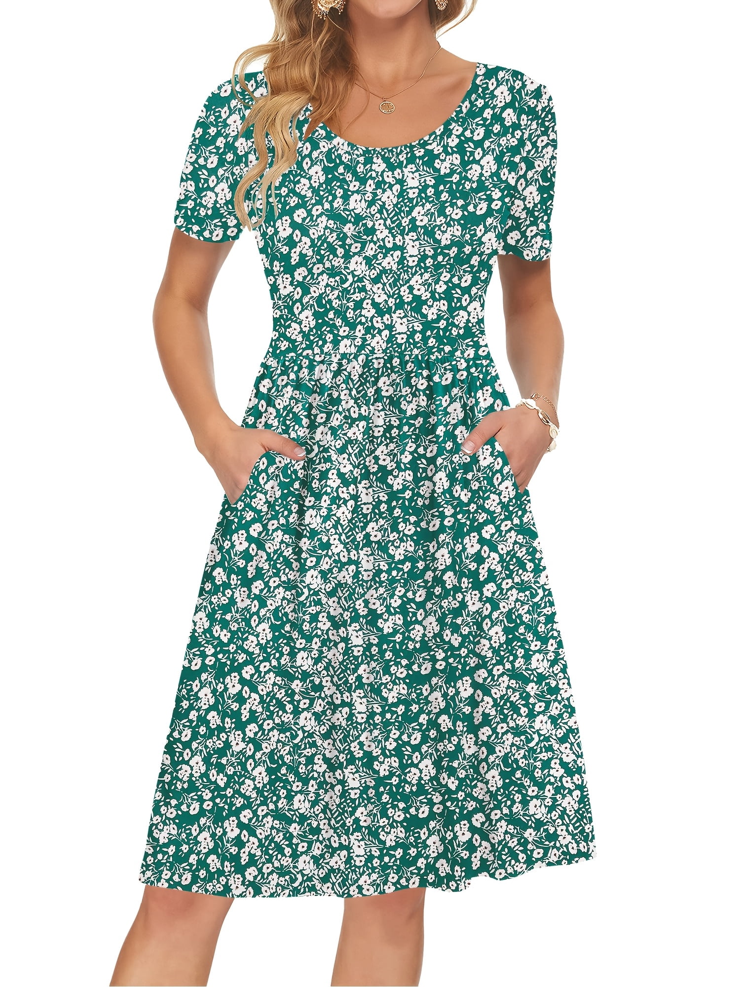 empire waist dress knee length TARAINYA Women Summer Short Sleeve Midi Dress Empire Waist Knee Length Swing Sundress with Pockets