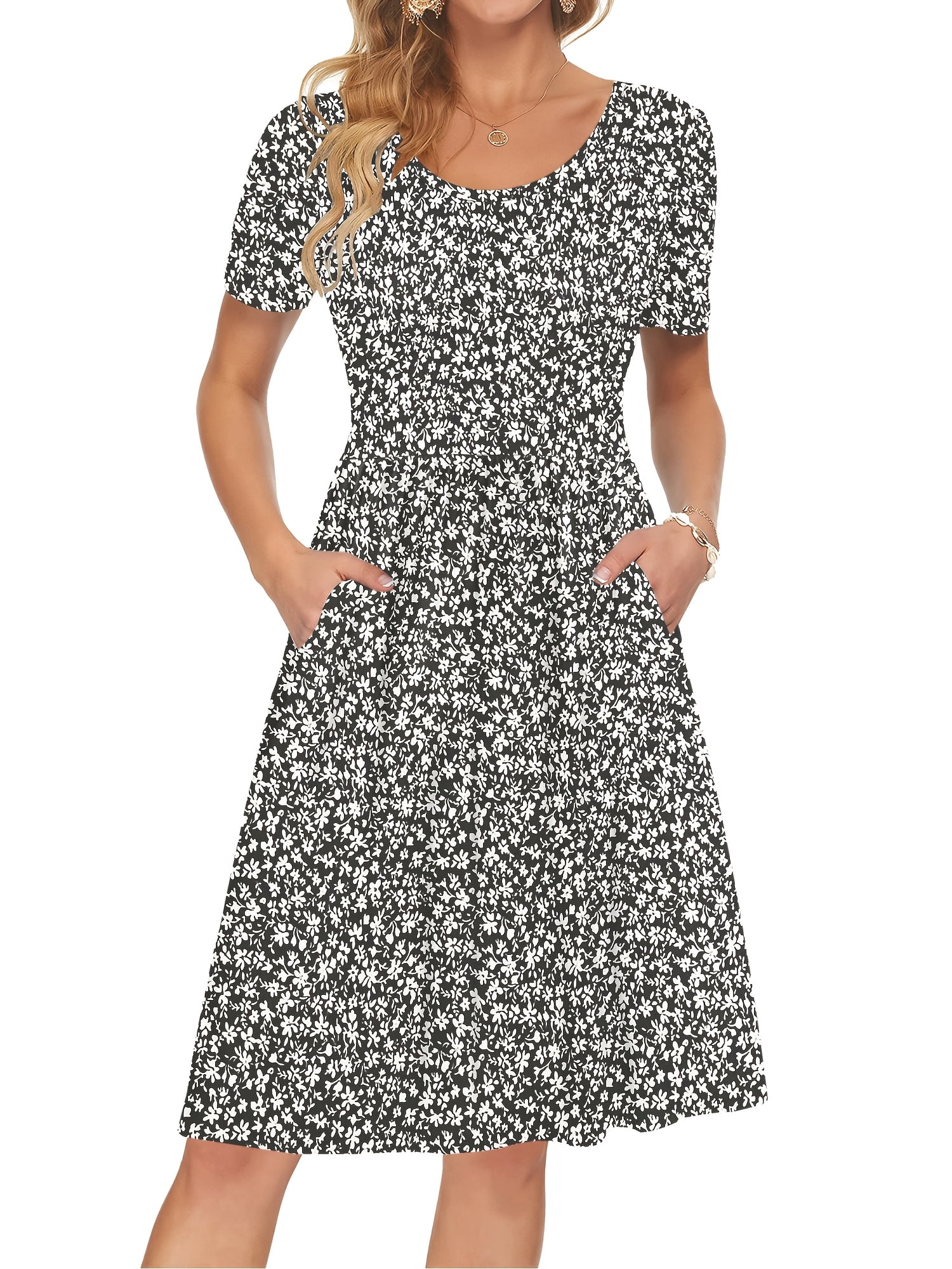 empire waist dress knee length TARAINYA Women Summer Short Sleeve Midi Dress Empire Waist Knee Length  Swing Sundress with Pockets