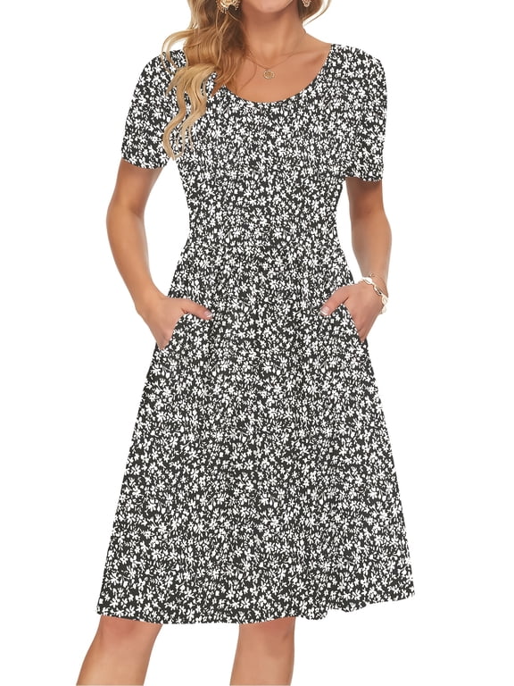Women Summer Short Sleeve Midi Dress Empire Waist Knee Length Swing Sundress with Pockets