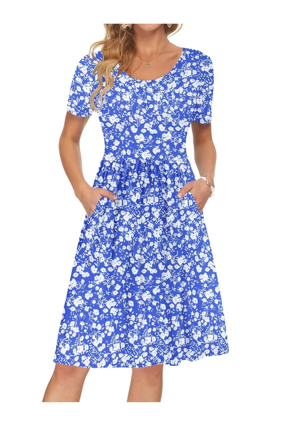 Summer Women Short Sleeve Empire Waistline Dress With Pockets Pleated Loose Swing Knee Length Dress Casual Floral Print Round Neck