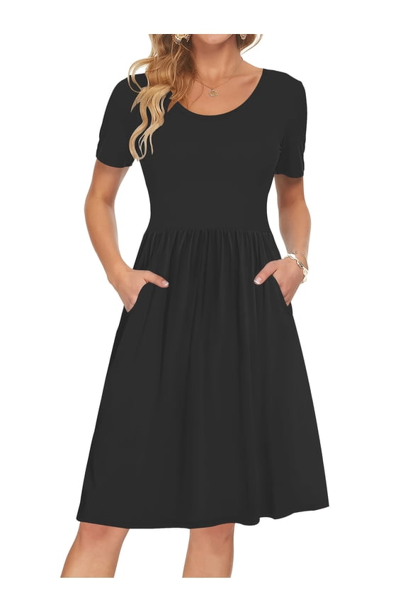 Summer Women Short Sleeve Empire Waistline Dress With Pockets Pleated Loose Swing Knee Length Dress Casual Floral Print Round Neck