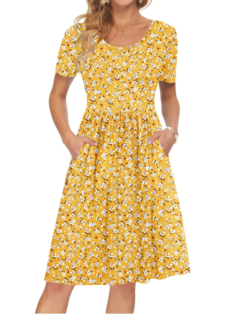 empire waist knee length dress TARAINYA Women Summer Short Sleeve Midi Dress Empire Waist Knee Length  Swing Sundress with Pockets