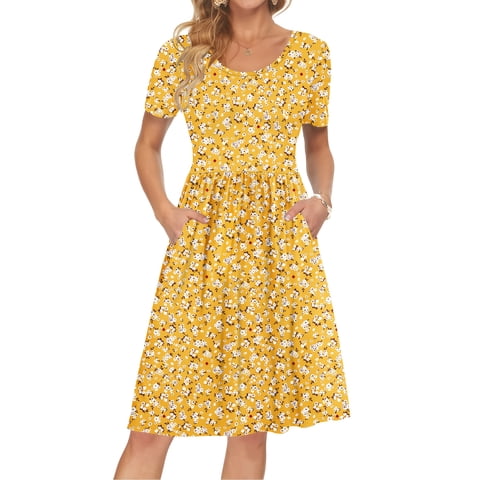 Women Summer Short Sleeve Midi Dress Empire Waist Knee Length Swing Sundress with Pockets