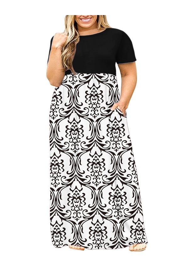 Women Plus Size Summer Short Sleeve Maxi Dress Casual Loose Long Dress with Pockets Round Neck Elastic Waist Solid Floral
