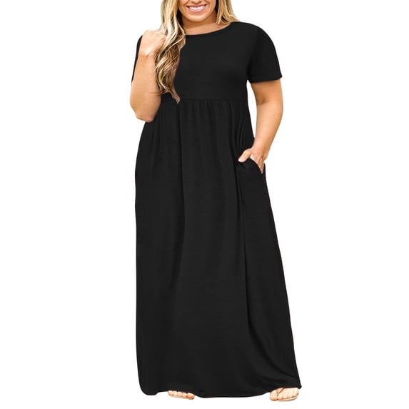 TARAINYA Women Plus Size Summer Short Sleeve Maxi Dress Casual Loose Long Dress with Pockets Round Neck Elastic Waist Solid Floral