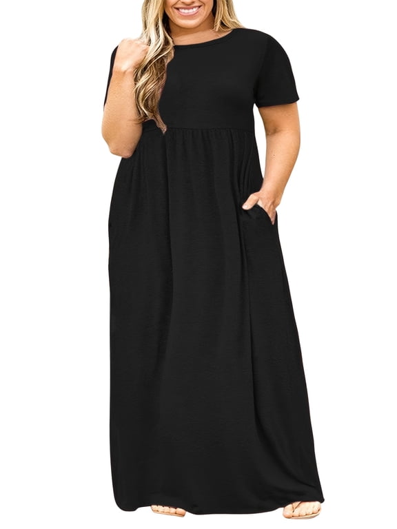 Women Plus Size Summer Maxi Dress Loose Short Sleeve Long Dresses with Pockets