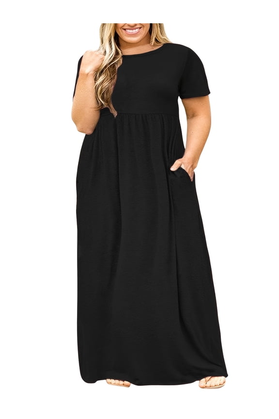 Women Plus Size Summer Short Sleeve Maxi Dress Casual Loose Long Dress with Pockets Round Neck Elastic Waist Solid Floral