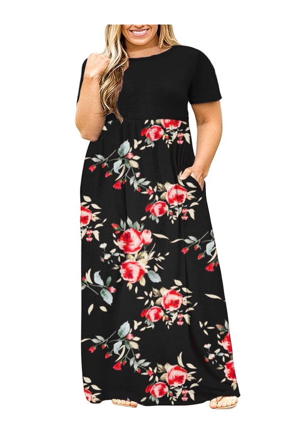 Women Plus Size Summer Short Sleeve Maxi Dress Casual Loose Long Dress with Pockets Round Neck Elastic Waist Solid Floral