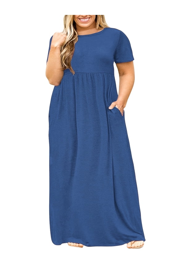 Women Plus Size Summer Short Sleeve Maxi Dress Casual Loose Long Dress with Pockets Round Neck Elastic Waist Solid Floral